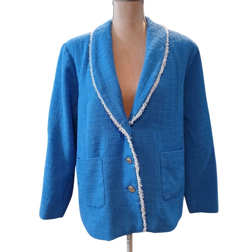 Susan Graver 18W Blue Tweed Blazer Jacket Fringed Trim Womens Plus Old Money